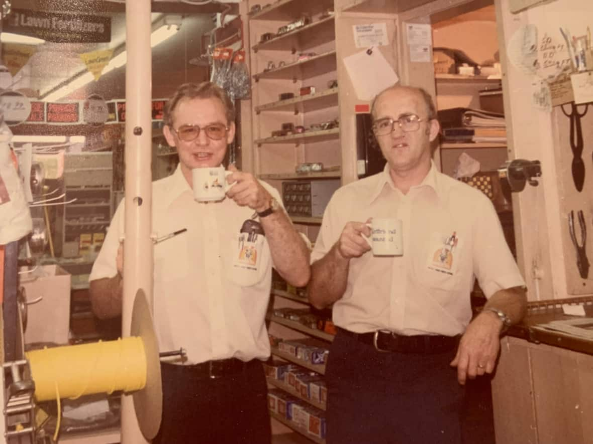 Owner Lee Helmkay, right, worked at Argyle Hardware in London, Ont., for 40 years. Bill Baxter, left, was an employee for 31 years. Helmkay is now 92 and living in Leduc, Alta., but plans to return to London in May to visit his old stomping grounds. (Submitted by Paddi Sprecher - image credit)