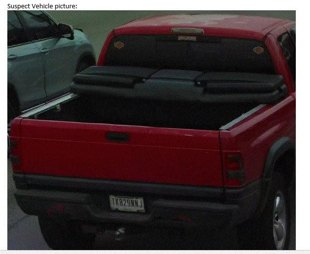 Indianapolis Metropolitan Police released this image of a Dodge Ram pickup with toolbox and Harley Davidson decal stickers on Wednesday, Jan. 26, 2022. Police believe the vehicle was involved in a fatal hit-and-run crash the day before.