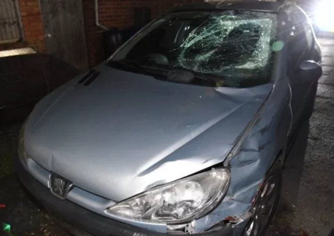 Collision: Matharu made off from the scene with significant damage to his car, including to the windscreen and one of the headlights. (Essex Police)