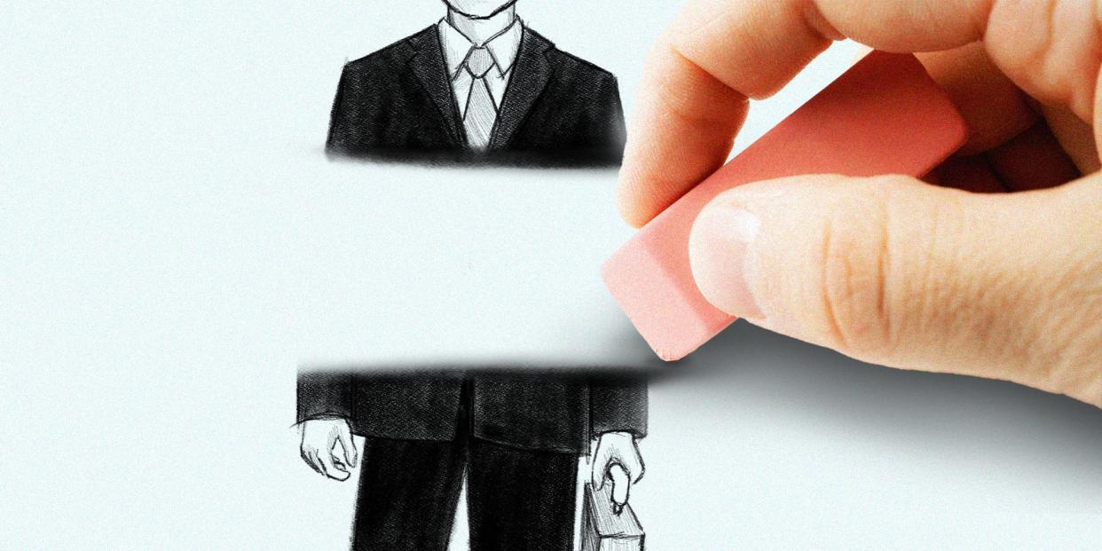 A drawing of a business man is shown, being erased in the middle by a large hand holding an eraser.