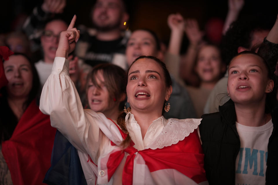 Supporters cheer during a live broadcast of a performance by Croatia's Baby Lasagna at the Eurovision Song Contest in Malmo, Sweden, in Zagreb, Croatia, Saturday, May 11, 2024. (AP Photo/Darko Bandic)