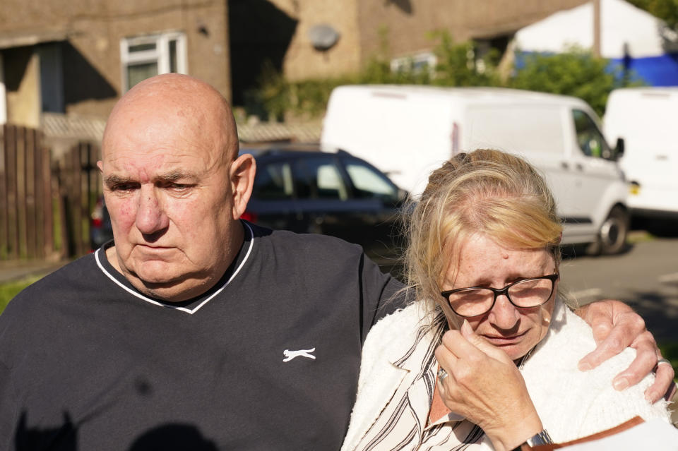 Debbie and Trevor Bennett, the grandparents of two of the victims, speaking to the media at the scene in Chandos Crescent in Killamarsh, near Sheffield, where four people were found dead at a house on Sunday. Derbyshire Police said a man is in police custody and they are not looking for anyone else in connection with the deaths. Picture date: Monday September 20, 2021.