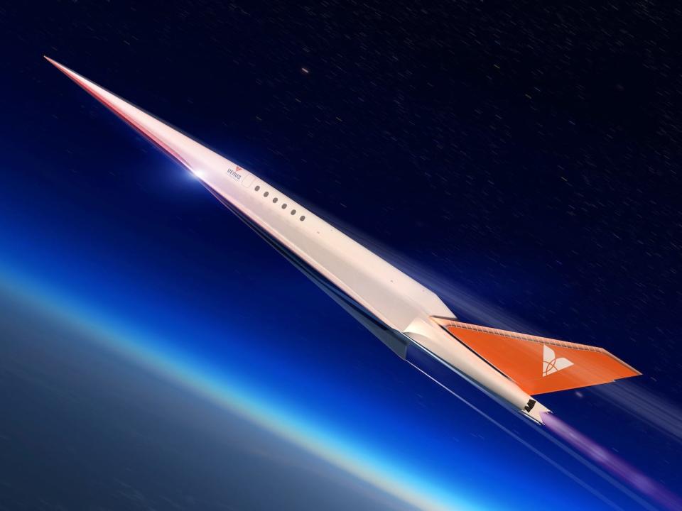 a concept image of the Stargazer flying in the atmosphere above the Earth.