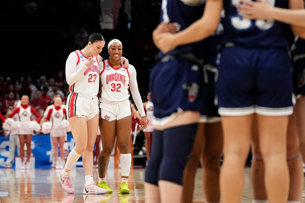 Mar 22, 2024; Columbus, OH, USA; Ohio State Buckeyes forward Rebeka Mikulasikova (23) talks to forward Cotie McMahon (32) during the first half of the women’s basketball NCAA Tournament first round game against the Maine Black Bears at Value City Arena.