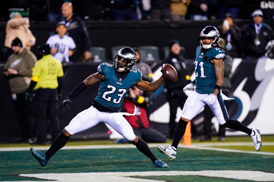 Philadelphia Eagles safety C.J. Gardner-Johnson (23) celebrates after intercepting a pass during the second half of an NFL football game against the Washington Commanders, Monday, Nov. 14, 2022, in Philadelphia. (AP Photo/Chris Szagola)