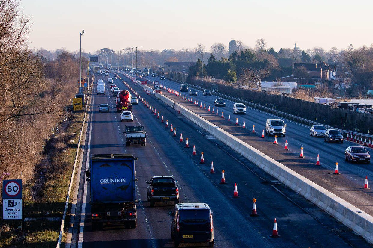 Traffic passes along a section of the M4 which is currently being converted to a smart motorway on 13th January 2022 in Slough, United Kingdom. The UK government has announced that new 'all-lane running' smart motorways will be paused to allow further assessment of their safety. (photo by Mark Kerrison/In Pictures via Getty Images)