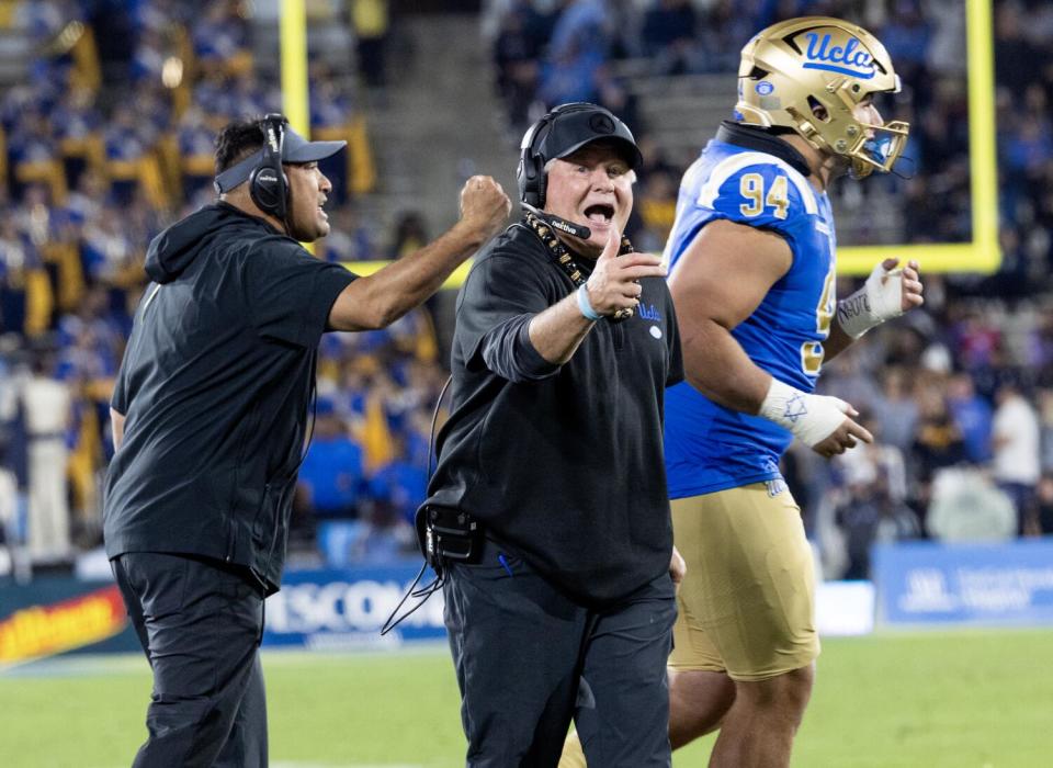 UCLA coach Chip Kelly yells at the officials after his team was called for a defensive penalty against Cal