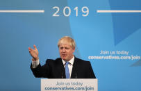 Boris Johnson gestures as he speaks after being announced as the new leader of the Conservative Party in London, Tuesday, July 23, 2019. Brexit champion Boris Johnson won the contest to lead Britain's governing Conservative Party on Tuesday, and will become the country's next prime minister. (AP Photo/Frank Augstein)