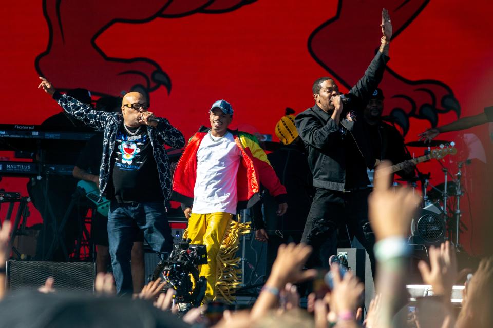 Spliff Star, left, and Busta Rhymes, right, perform with YG Marley on the Coachella Stage during the Coachella Music and Arts Festival in Indio, Calif., on Sunday, April 14, 2024.