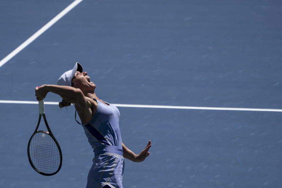 Romania's Simona Halep serves to United States' Jessica Pegula during the National Bank Open tennis tournament in Toronto, Saturday, Aug. 13, 2022. (Chris Young/The Canadian Press via AP)