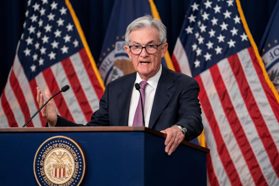 The FTSE fell on Monday. U.S. Federal Reserve Chair Jerome Powell attends a press conference in Washington, D.C., the United States, on June 14, 2023. The U.S. Federal Reserve on Wednesday kept the target range of the federal funds rate unchanged at 5 percent to 5.25 percent, following a slew of 10 consecutive hikes since March 2022. (Photo by Liu Jie/Xinhua via Getty Images)