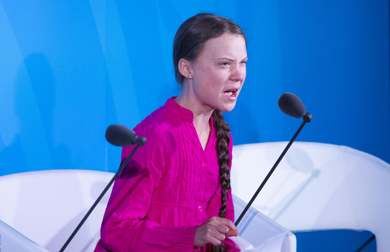 Teenage climate activist Greta Thunberg speaks during the U.N. Climate Action Summit in New York City on Monday. (Timothy A. Clary/AFP/Getty Images)