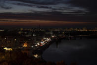 A general view of the central district of the city is seen during a blackout in Kyiv, Ukraine, Friday, June 7, 2024 (AP Photo/Alex Babenko)