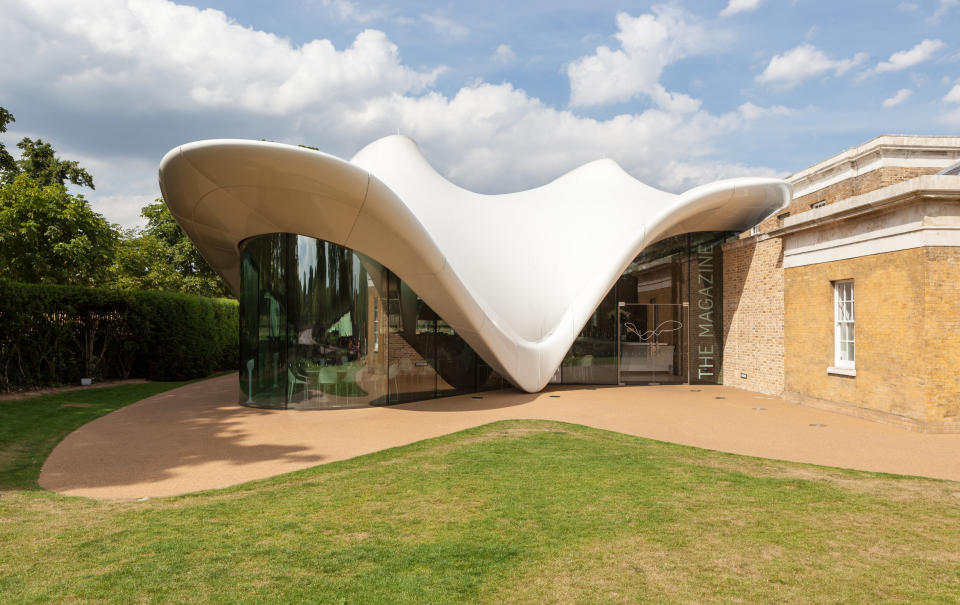 London, United Kingdom - 17 July 2014: Designed by Zaha Hadid, and opened in 2013, the restaurant attached to The Serpentine Sackler Gallery has a distinctive undulating white roof.