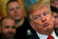 U.S. President Donald Trump reacts as he speaks at the Wounded Warrior Project Soldier Ride event after the release of Special Counsel Robert Mueller's report, in the East Room of the White House in Washington, U.S., April 18, 2019. REUTERS/Carlos Barria