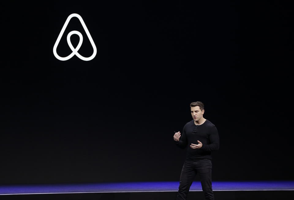 FILE - In this Feb. 22, 2018, file photo Airbnb co-founder and CEO Brian Chesky speaks during an event in San Francisco. The company said Thursday, Dec. 5, 2019, that it’s banning “open invite” parties at all of its accommodations. Those are parties open to anyone and advertised on social media, for example. (AP Photo/Eric Risberg, File)