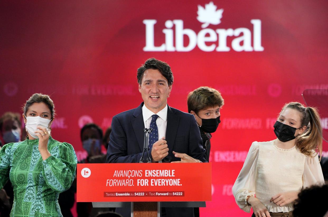 <span class="caption">Prime Minister Justin Trudeau is joined on stage by wife Sophie Gregoire, left, and children Xavier and Ella-Grace, right, during his victory speech at Liberal party campaign headquarters in Montreal. </span> <span class="attribution"><span class="source">THE CANADIAN PRESS/Sean Kilpatric</span></span>