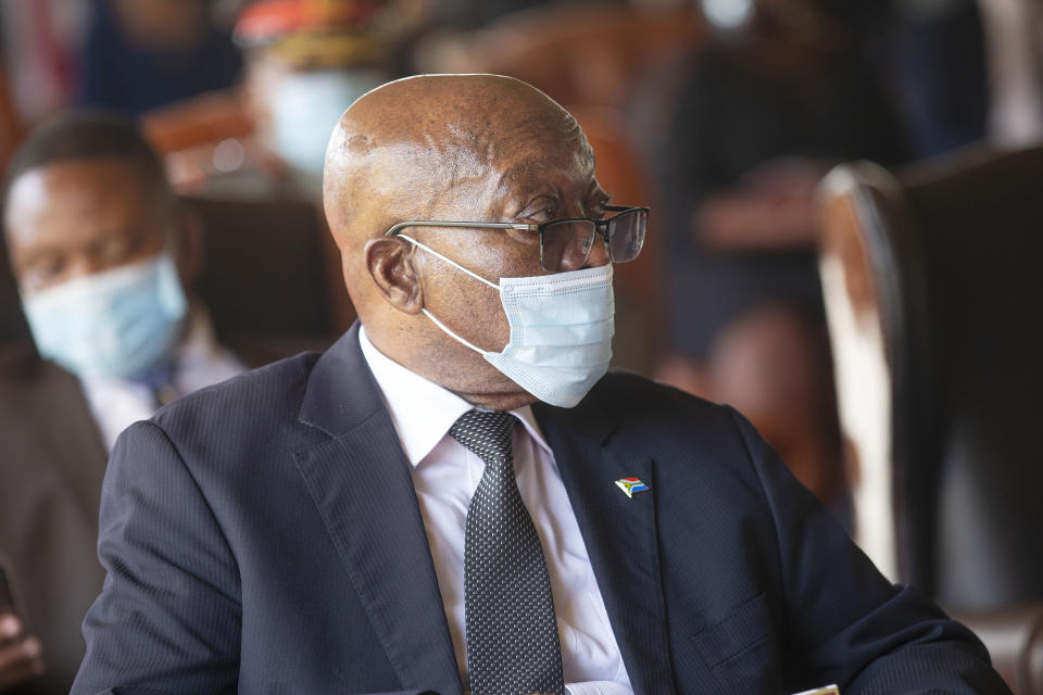 Former South African President Jacob Zuma, attends the memorial service for Zulu King Goodwill Zwelithini in Nongoma, South Africa, Thursday, March 18, 2021. The monarch passed away early Friday after a reign that spanned more than 50 years. (AP Photo/Phill Magakoe)