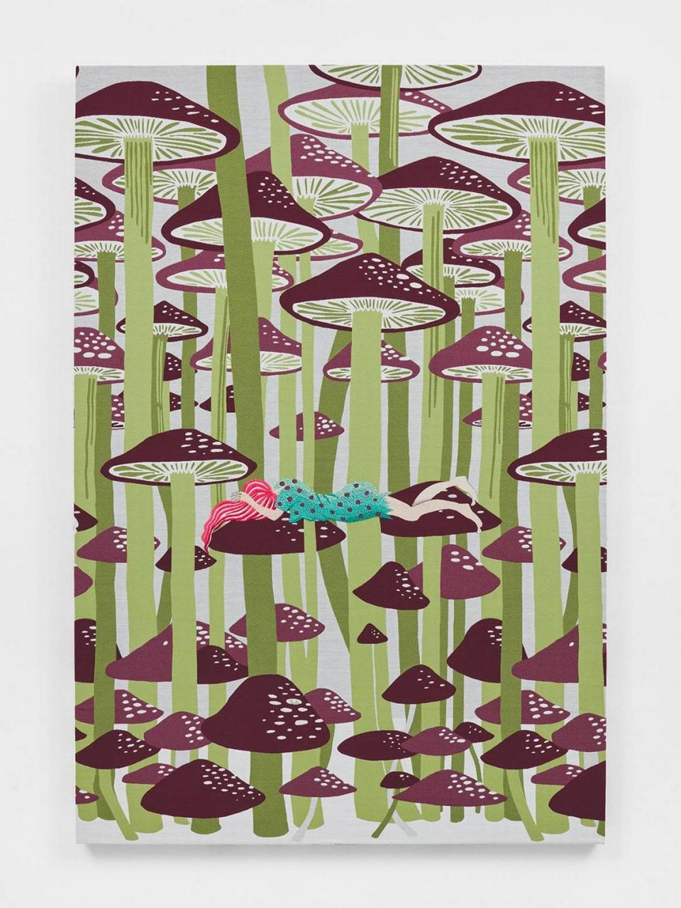 “Psyche”, 2023, de la artista Oona Brangam-Snell, tejido Jacquard de poliéster y nylon, algodón bordado a mano, 55 x 38 pulgadas. Primary Projects.