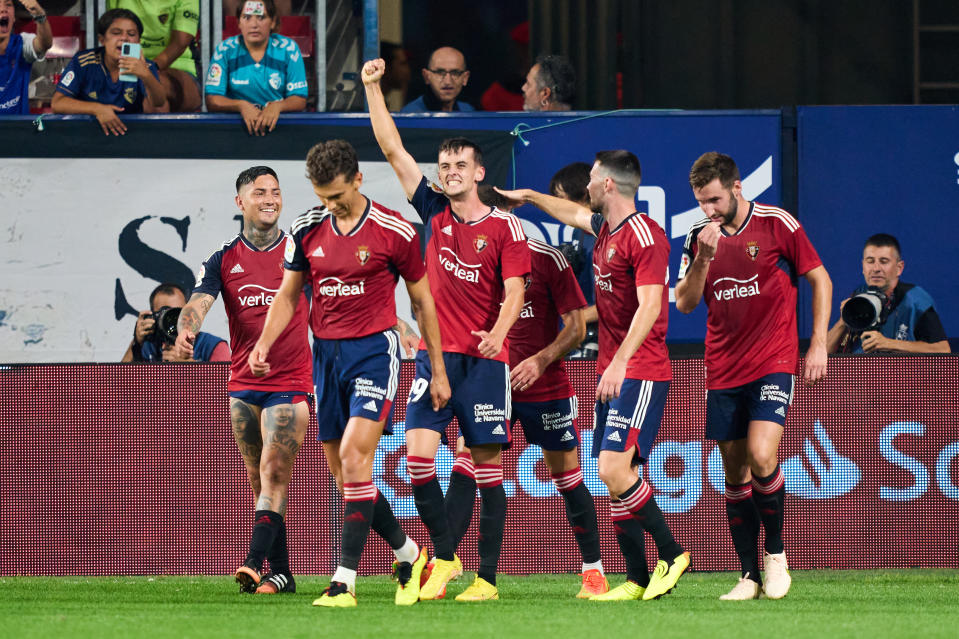 PAMPLONA, SPAIN - AUGUST 12: Aimar Oroz of CA Osasuna  celebrates after scoring his team's second goal during the LaLiga Santander match between CA Osasuna and Sevilla FC at El Sadar Stadium on August 12, 2022 in Pamplona, Spain. (Photo by Juan Manuel Serrano Arce/Getty Images)