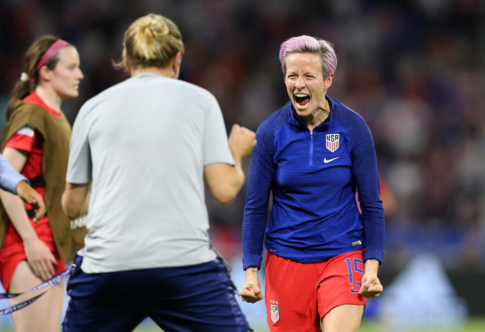 LYON, FRANCE - JULY 02: Megan Rapinoe of the USA celebrates following victory in the 2019 FIFA Women's World Cup France Semi Final match between England and USA at Stade de Lyon on July 02, 2019 in Lyon, France. (Photo by Maddie Meyer - FIFA/FIFA via Getty Images)