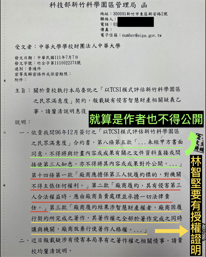 新竹科學園區管理局公文打臉民進黨桃園市長參選人林智堅說法，「就算是著作權人也不得拿報告內容發表期刊、論文。」（台北議員王鴻薇提供／張立勳台北傳真）