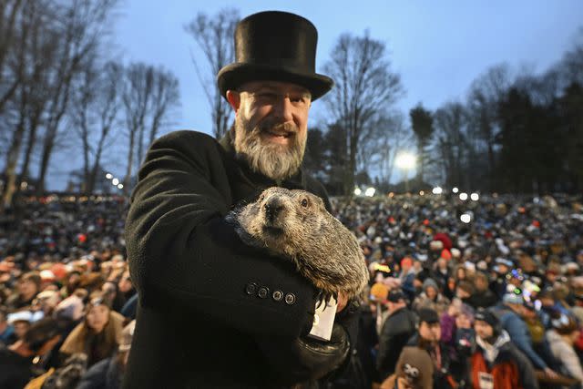 <p>AP Photo/Barry Reeger</p> Groundhog Club handler A.J. Dereume holds Punxsutawney Phil, the weather prognosticating groundhog, during the 138th celebration of Groundhog Day on Gobbler's Knob in Punxsutawney, Pa., Friday, Feb. 2, 2024