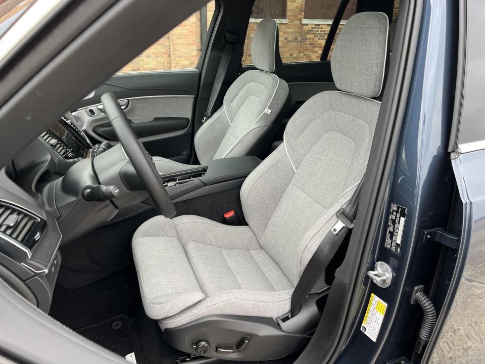 <p>The front seats are arguably the best part about the XC90 Recharge. As with all other Volvos, they're supremely comfortable and supportive, with plenty of adjustability. </p><p>Instead of leather, the seats are covered in a wool blend, which we like even better. It looks cooler, feels nicer to the touch, and regulates temperature better. All luxury cars should have a cloth upholstery option like this. </p><p>The only downside? You can't option ventilated seats if you get the wool blend. Bummer. </p>