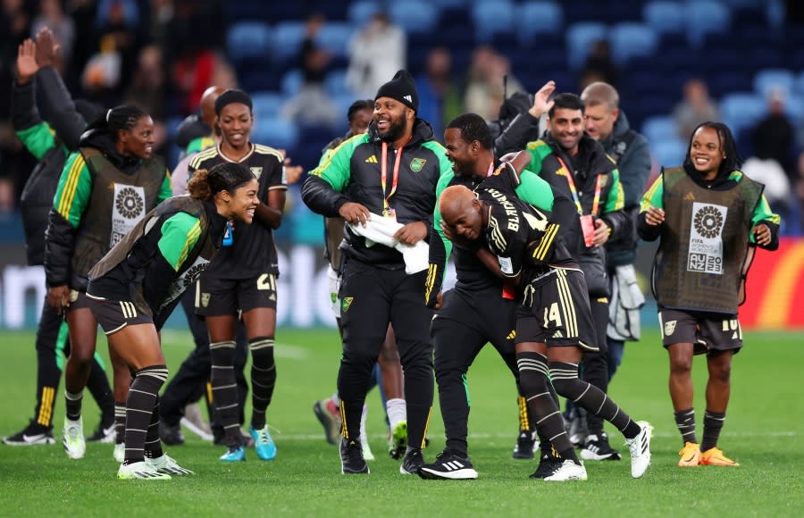 SYDNEY, AUSTRALIA – JULY 23: Jamaica players celebrate the scoreless draw in the FIFA Women’s World Cup Australia & New Zealand 2023 Group F match between France and Jamaica at Sydney Football Stadium on July 23, 2023 in Sydney, Australia. (Photo by Robert Cianflone/Getty Images)