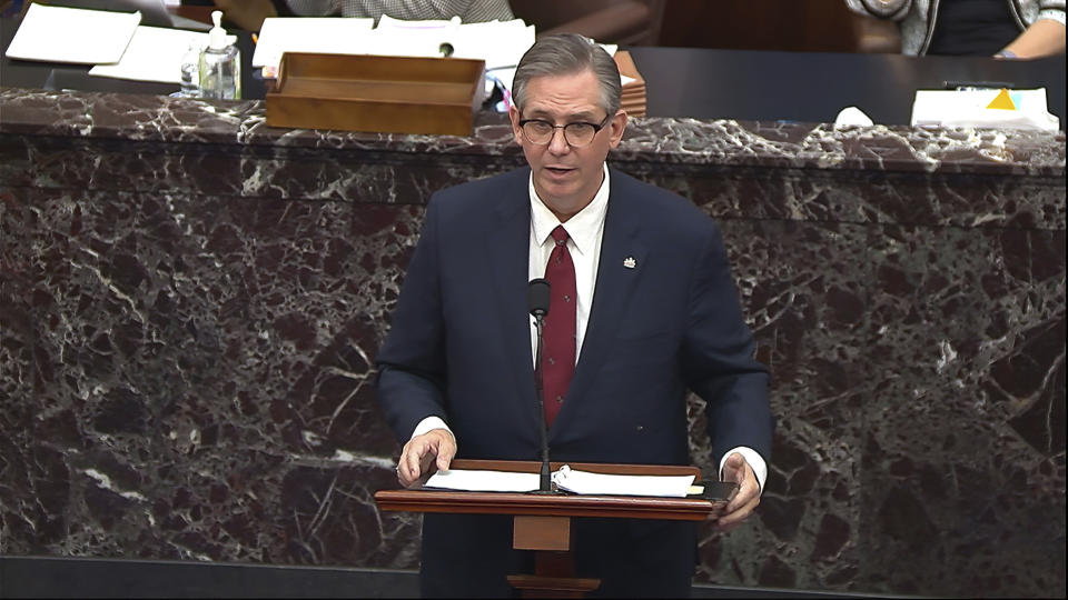 In this image from video, Bruce Castor, an attorney for former President Donald Trump, finishes the defense presentation during the second impeachment trial of Trump in the Senate at the U.S. Capitol in Washington, Friday, Feb. 12, 2021. (Senate Television via AP)