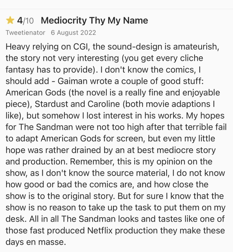 4/10 star user review on IMDB for The Sandman