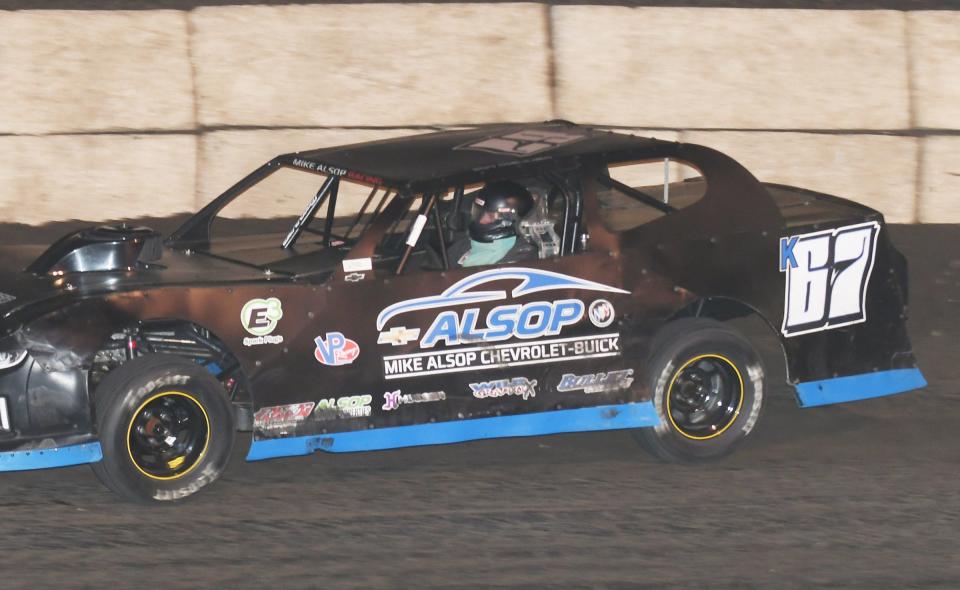 Ian Keller cruises to the stock car win Saturday at Fairbury Speedway.