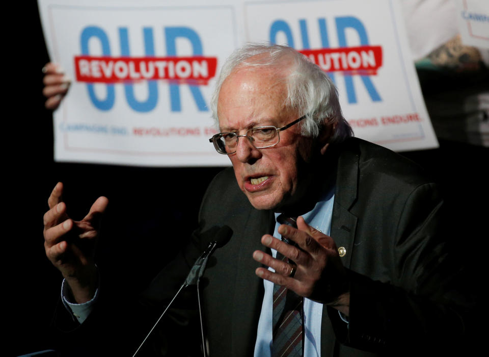 U.S. Senator Bernie Sanders speaks at a Our Revolution rally in Boston, Massachusetts, U.S., March 31, 2017.     REUTERS/Mary Schwalm