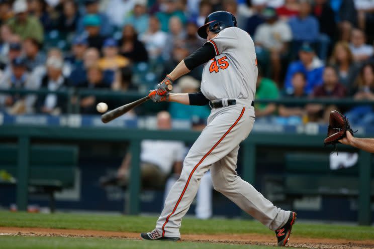 Orioles outfielder Mark Trumbo leads the majors with 28 home runs. (Getty Images/Otto Greule Jr.)