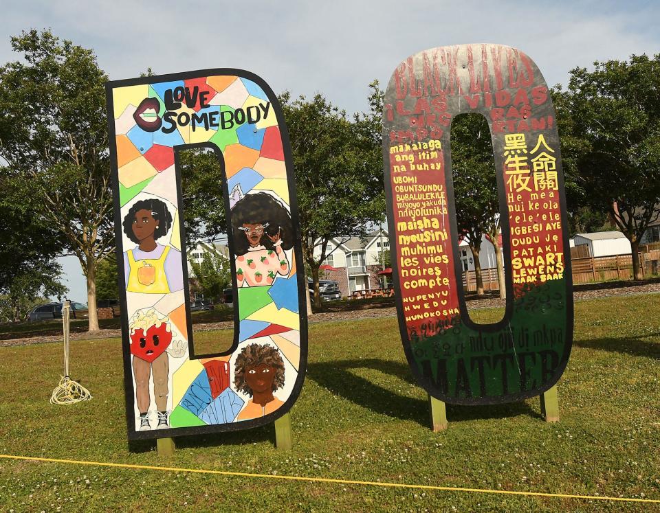 "Black Lives Do Matter" installation by Wilmington artist Greyson Davis/Haji P/HP Fangs along Third Street by the Isabel Holmes Bridge.