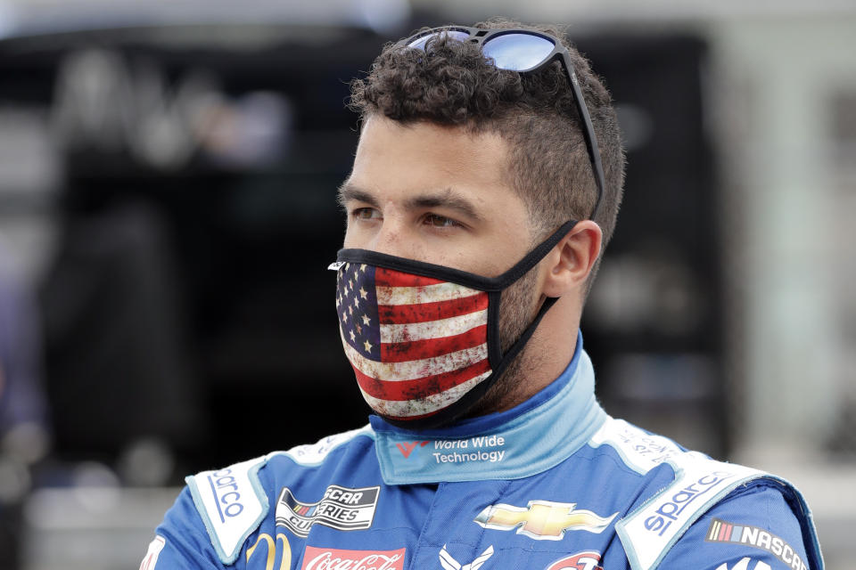 Bubba Wallace waits for the start of a NASCAR Cup Series auto race Sunday, June 14, 2020, in Homestead, Fla. (AP Photo/Wilfredo Lee)