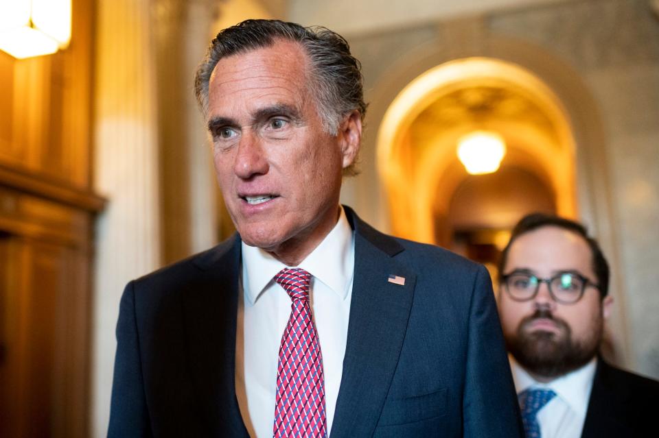 Republican Sen. Mitt Romney of Utah outside the Senate chamber on December 7, 2021.