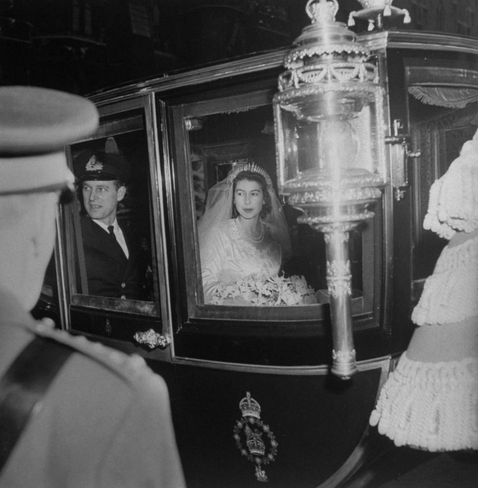 1947: Princess Elizabeth and Prince Philip leaving Westminister Abbey after their royal wedding on Nov. 20, 1947.