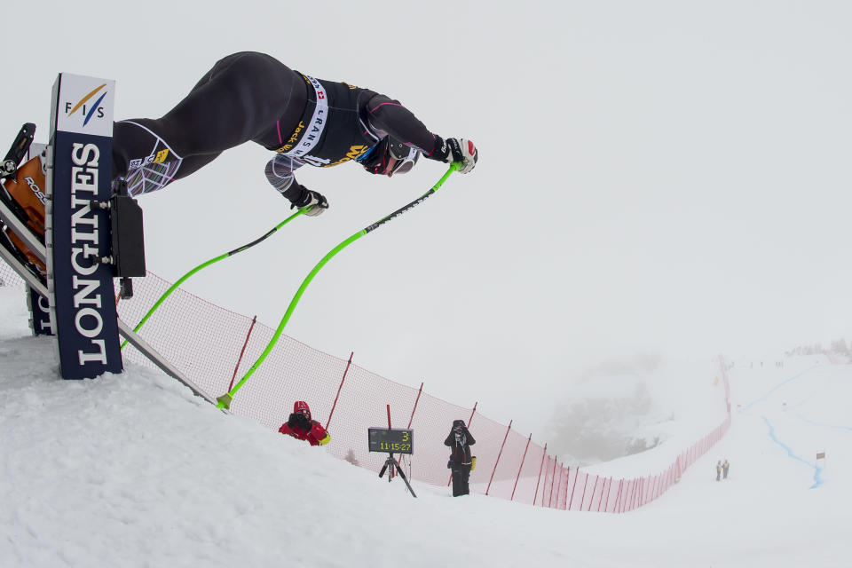 Stacey Cook of the US starts a training run for the women's alpine skiing World Cup downhill race in Crans-Montana, Switzerland, Thursday, Feb. 27, 2014. (AP Photo/Keystone, Jean-Christophe Bott)