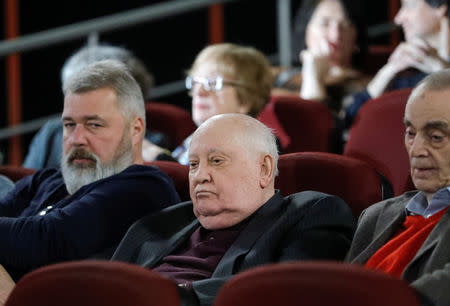 Former Soviet President Mikhail Gorbachev (C, front) attends the Russian premiere of the documentary film "Meeting Gorbachev" in Moscow, Russia November 8, 2018. REUTERS/Tatyana Makeyeva