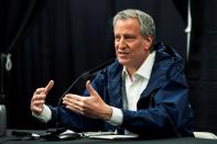 FILE PHOTO: New York City Mayor Bill De Blasio speaks to the media