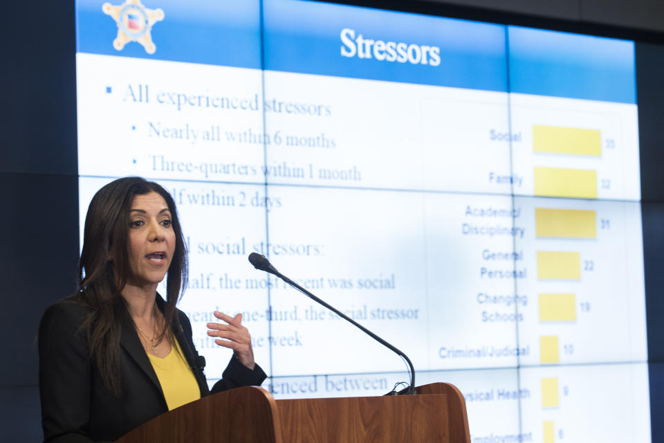 National Threat Assessment Center's Chief Lina Alathari announces the release of the Secret Service National Threat Assessment Center's Protecting America's Schools report, in Washington, Thursday, Nov. 7, 2019. The report examines 41-targeted attacks that occurred in schools between 2008 and 2017. (AP Photo/Cliff Owen)