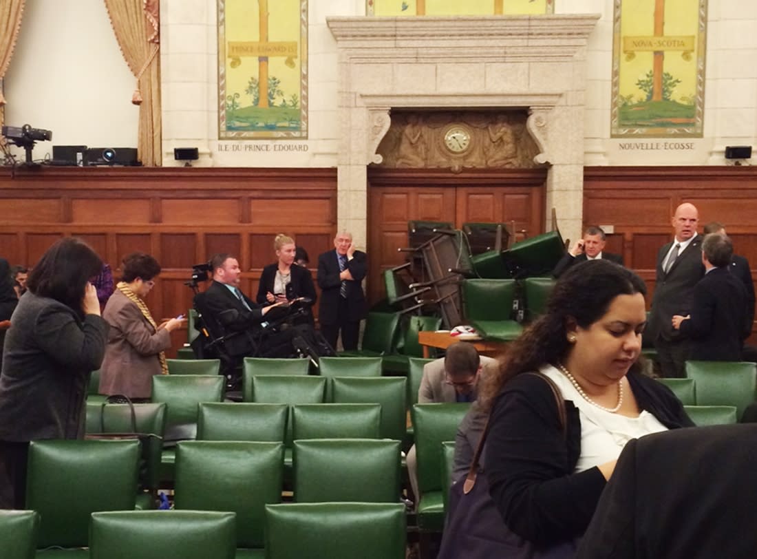 The Conservative Party caucus room is shown shortly after shooting began on Parliament Hill. (Reuters)