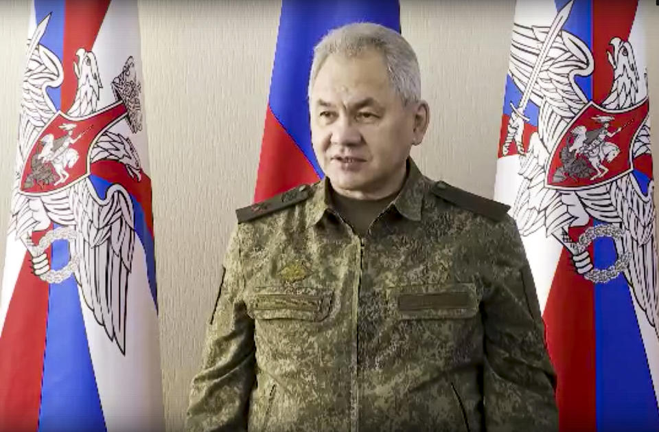 In this image taken from video and released by Russian Defense Ministry Press Service on Tuesday, Jan. 17, 2023, Russian Defense Minister Sergei Shoigu speaks as he inspects Russian troops at an undisclosed location in Ukraine. Russian Defense Minister Sergei Shoigu has inspected the headquarters of the Vostok group of forces active in the zone of Russia's special military operation, the Defense Ministry said in a statement. (Russian Defense Ministry Press Service photo via AP)