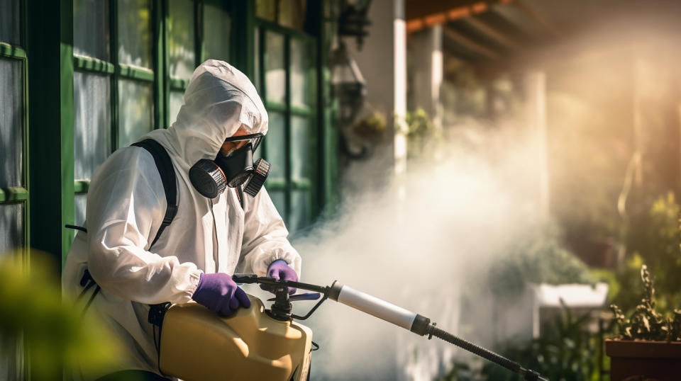 A pest control service technician spraying insecticide in a residential property.