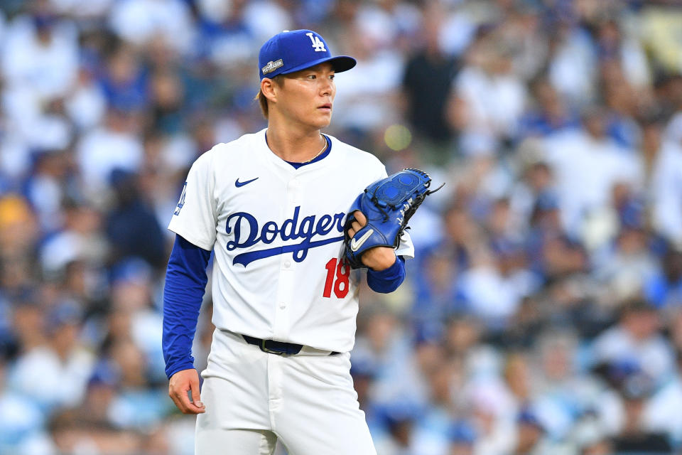 LOS ANGELES, CA - OCTOBER 05: Los Angeles Dodgers pitcher Yoshinobu Yamamoto (18) looks on after allowing a base hit during game one of the National League Division Series game between the San Diego Padres and the Los Angeles Dodgers on October 5, 2024 at Dodger Stadium in Los Angeles, CA. (Photo by Brian Rothmuller/Icon Sportswire via Getty Images)