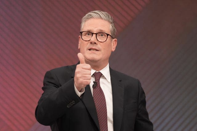 Sir Keir Starmer gestures as he addresses the audience during a Sky News election event