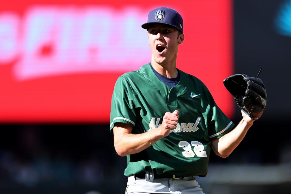 SEATTLE, WASHINGTON - JULY 08: Jacob Misiorowski #32 of the Milwaukee Brewers reacts during the SiriusXM All-Star Futures Game at T-Mobile Park on July 08, 2023 in Seattle, Washington. (Photo by Tim Nwachukwu/Getty Images)