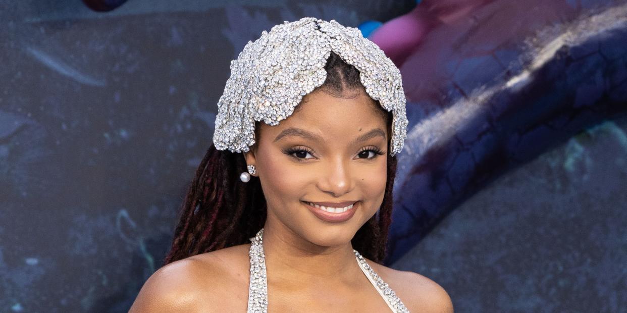 halle bailey at the uk premiere of the little mermaid in london, england wearing a custom miss sohee mermaidcore dress