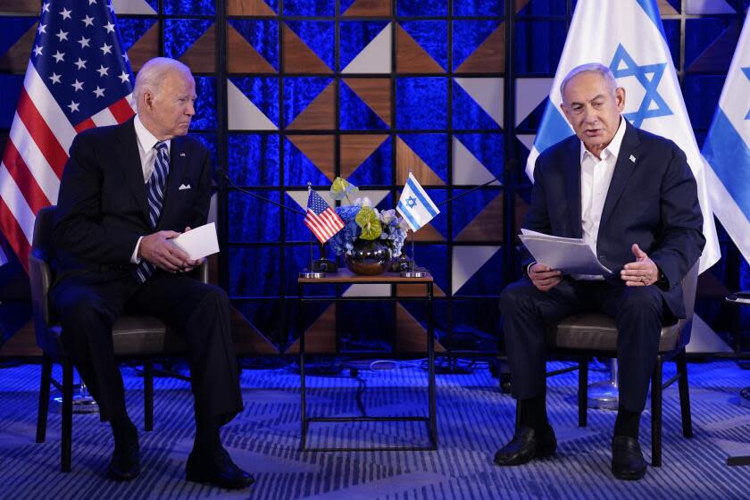 FILE - Israeli Prime Minister Benjamin Netanyahu speaks as he meets with President Joe Biden, Oct. 18, 2023, in Tel Aviv. Biden and Netanyahu have long managed a complicated relationship. But now they find themselves running out of space to maneuver as their interests diverge and their political futures hang in the balance. (AP Photo/Evan Vucci, File)